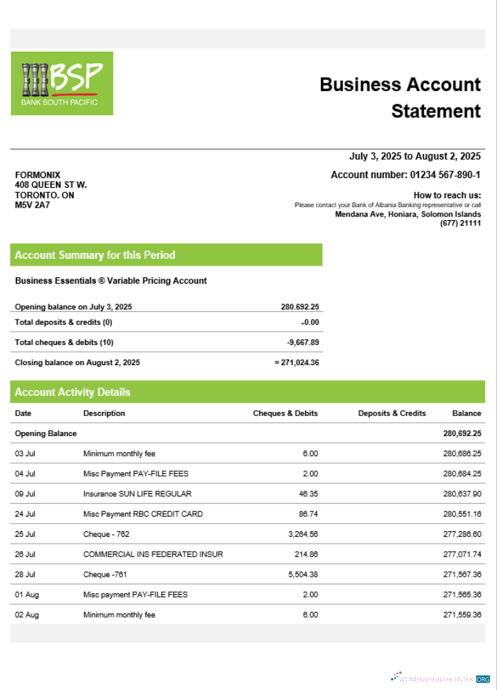 Download Solomon Islands BSP firm account statement Word and PDF template Photoshop template
